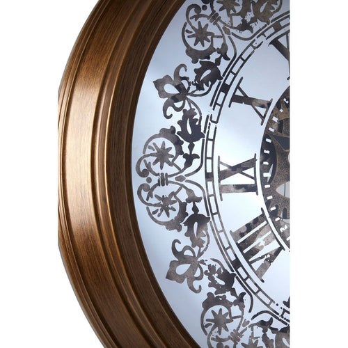 Moving cog clock black grey etched with roman numerals on a reflective mirrored face.  Moving cogs add interest to this stunning clock with a striking gold bronze metal surround.