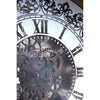 Moving cog clock black grey etched with roman numerals on a reflective mirrored face.  Moving cogs add interest to this stunning clock with a striking gold bronze metal surround.