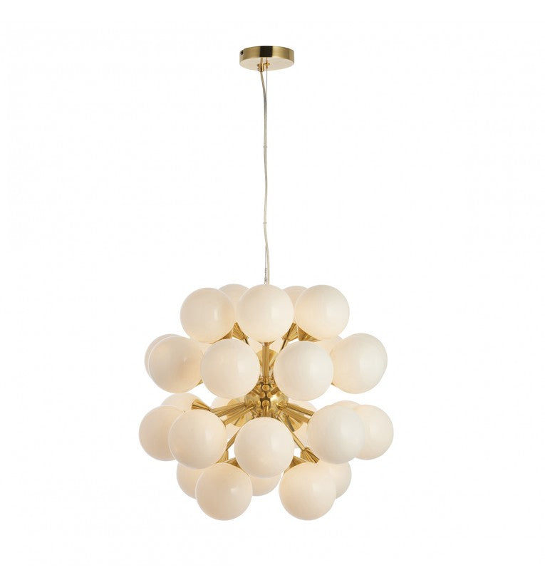 What can you say about this 28 light brushed gold pendant, speaks for itself. Huge WOW factor.&nbsp;&nbsp; To add an exceptional stylish look to your home, this is the perfect statement light for your living room, hall or dining room.&nbsp; Globe lighting is always so contemporary and wwith 28 lights, vey bright.