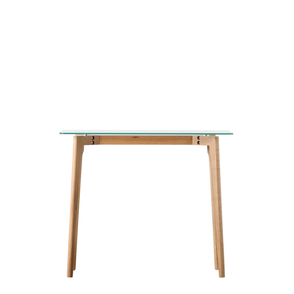Small Oak console table with glass top and mid-century style splayed legs.