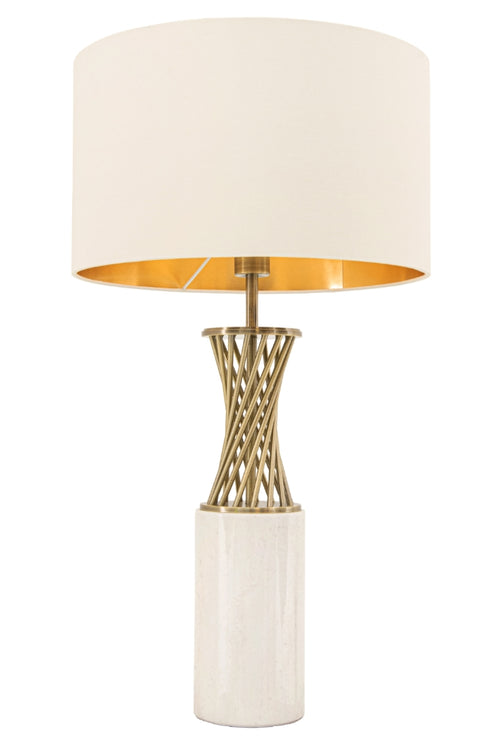 White marble lamp base with intricate gilt metal swirl to the neck of the lamp, and opal shade with gilt inner. Exceptional style and quality.  H: 58 cm (with shade) W: 32 cm  (with shade)