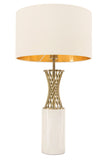 White marble lamp base with intricate gilt metal swirl to the neck of the lamp, and opal shade with gilt inner. Exceptional style and quality.  H: 58 cm (with shade) W: 32 cm  (with shade)