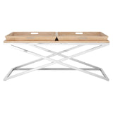 Really useful, coffee table consisting of two wooden trays set on a nickel metal cross frame. 