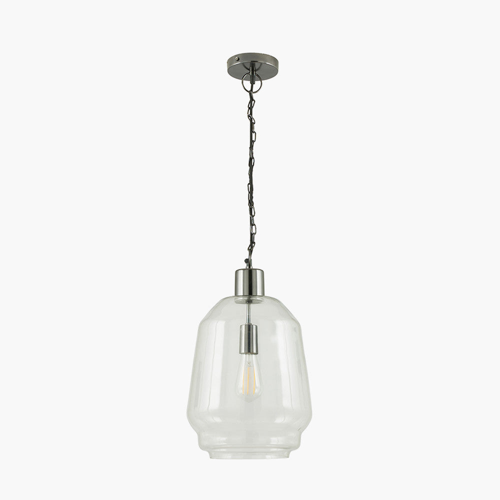 Clear glass pendant with black nickel hardware. A deep nickel finish for that industrial edge. Perfect kitchen or island pendant.