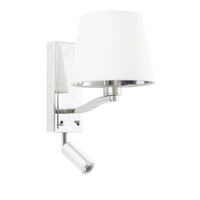 Nickel plated wall light with a white vintage faux silk shade. This light has an adjustable LED light attached for extra light.
