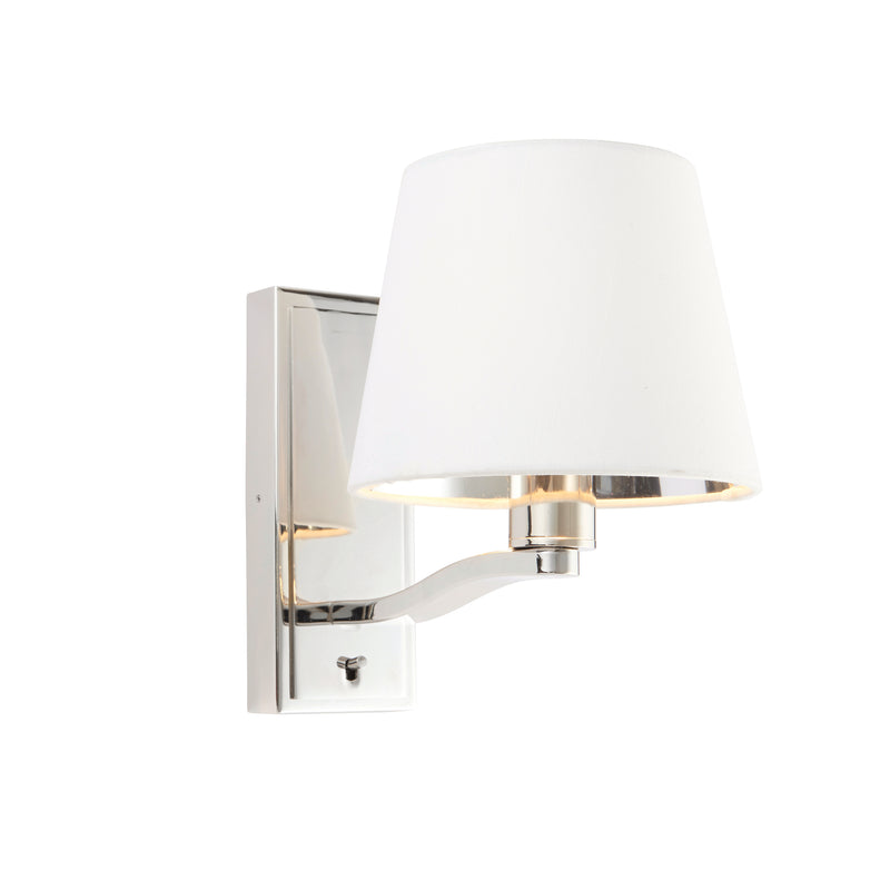 Nickel plated wall light with a white vintage faux silk shade, classic wall lighting suiting all decor.