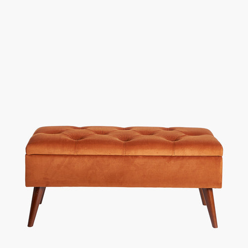 Ottoman style storage stool in buttoned tobacco coloured velvet with mid-century style splayed legs.  W: 90 cm H: 40 cm