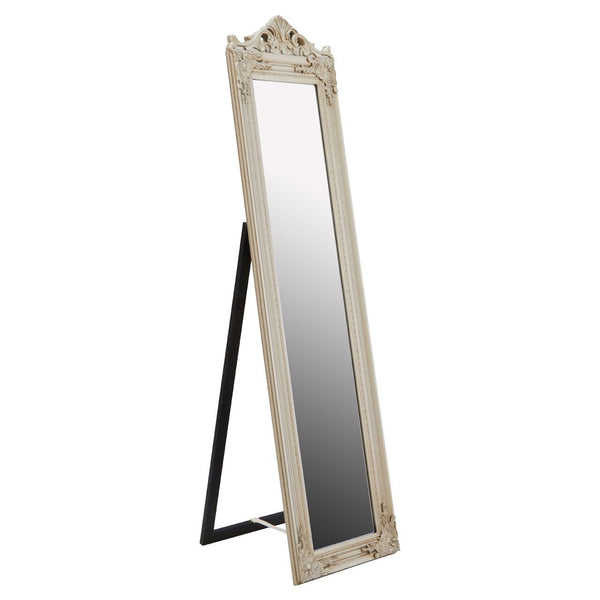 A very ornate, cream standing mirror with a great vintage look for your bedroom.