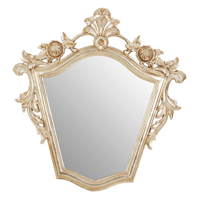 Very ornate Champagne silver oloured mirror.&nbsp; With a highly decorative frame of flouishes and pierced floral design. This mirror tapers down from a wider top to a narrower base in a baroque 'sheild' shape.