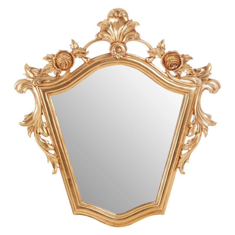 Ornate oval mirror in a gilt colour , classically decorated with flowers.  Beautiful curved shape.Ornate classic mirror in a gilt colour , classically decorated with flowers.  Beautiful curved shape.