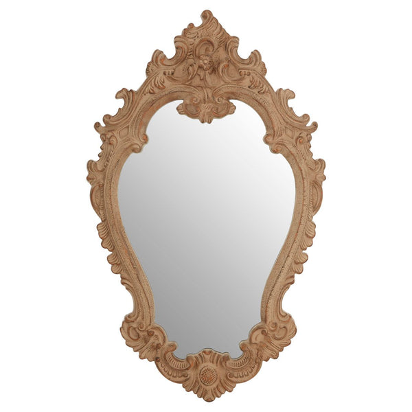 Brown, wooden rococco framed sheild shaped ornate mirror.