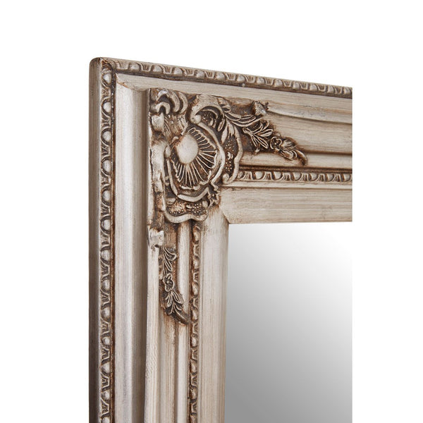 Rectangular mirror with a traditional baroque style grey painted frame. Traditional mirror in a great contemporary colour.