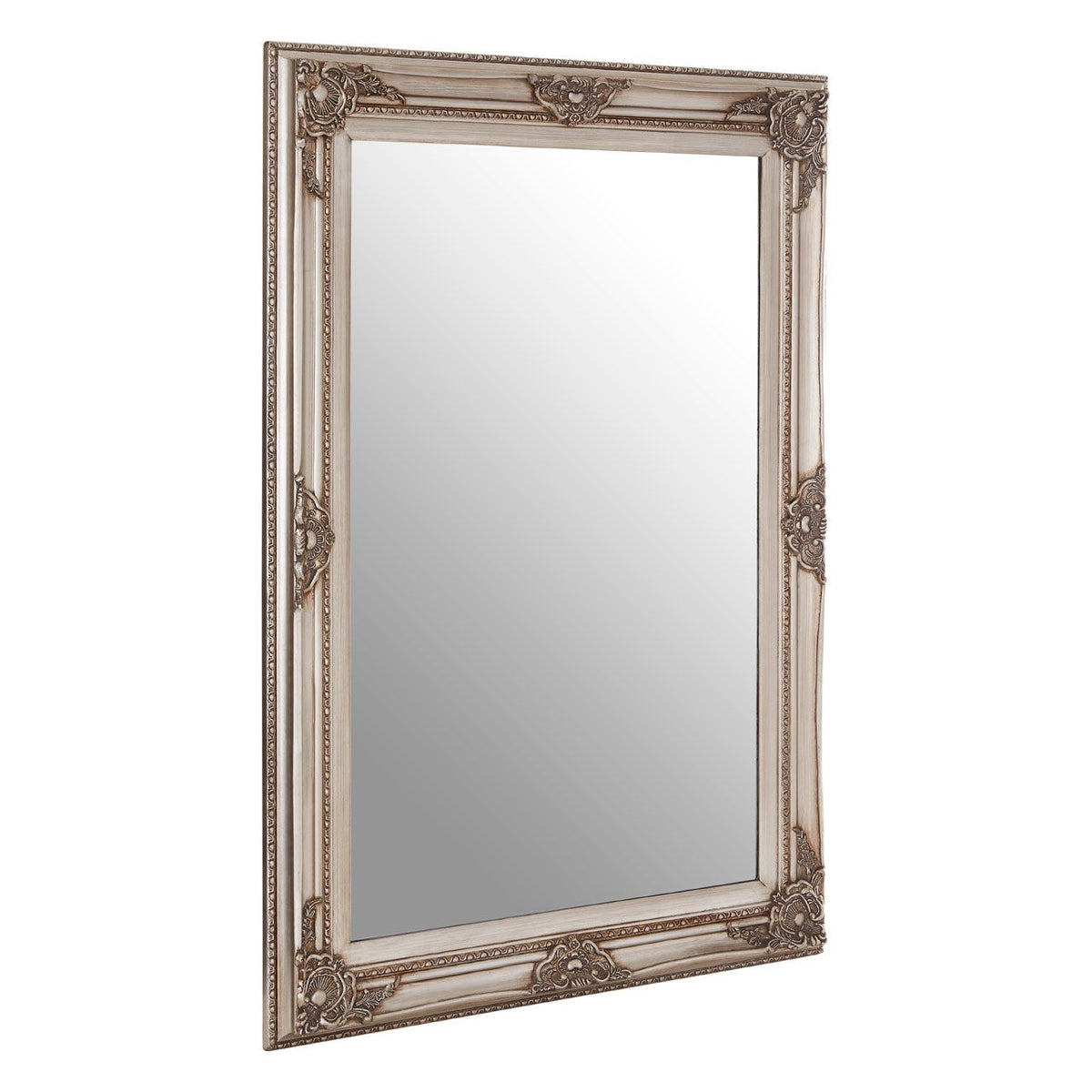 Rectangular mirror with a traditional baroque style grey painted frame. Traditional mirror in a great contemporary colour.