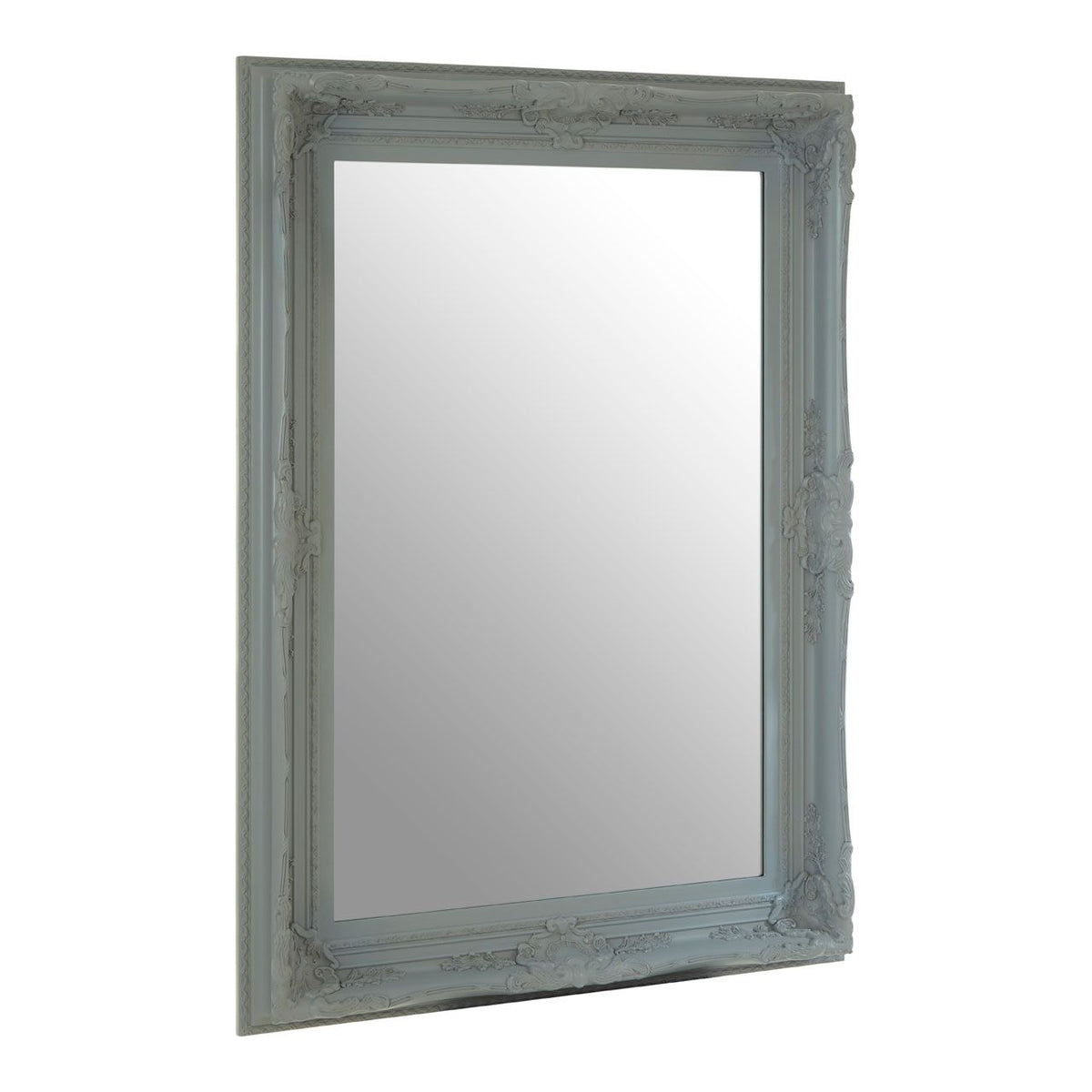 Grey painted mirror with a decorative baroque frame.