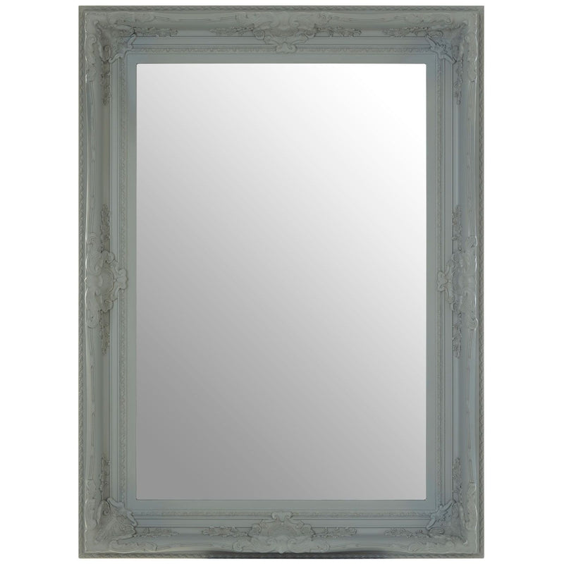 Grey painted mirror with a decorative baroque frame.