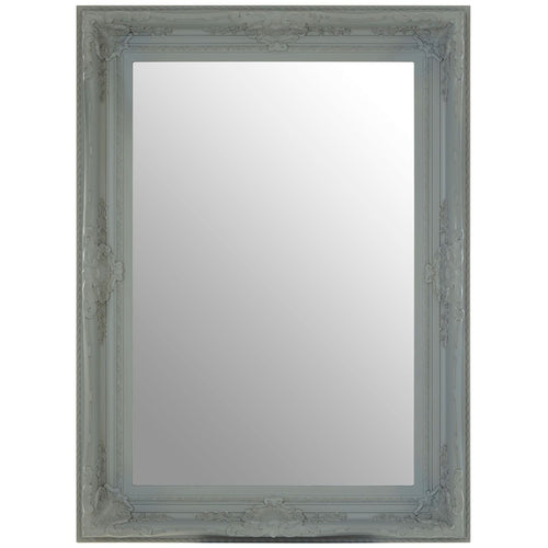 Grey painted mirror with a decorative baroque frame.