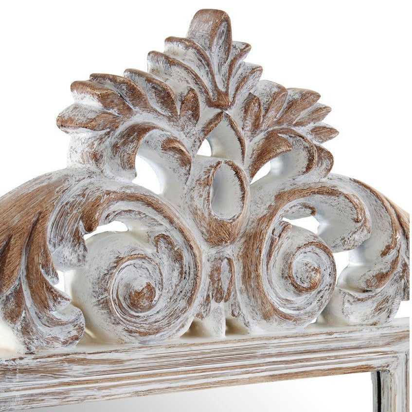 Stunning, limewashed aged pierce framed mirror, exceptional style and size. The decorative pierced frame adding to the vintage feel.