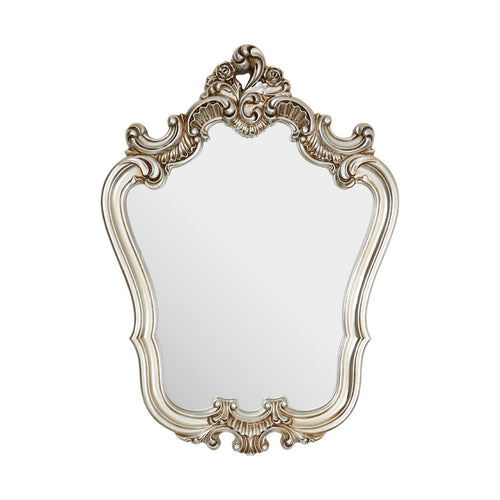 Smaller baroque shield  shaped mirror with crest in silver.