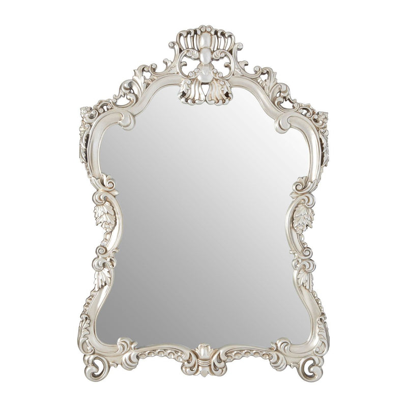 Ornate framed silver waisted mirror. A great period look in a contemporary colour with a traditional shape.&nbsp;&nbsp; Very ornate with a crested top and carved style frame, over a fireplace, above a console table in the hall or in a bedroom, this mirror will add luxury and glamour.


H: 115 cm W: 83 cm&nbsp;

Weight: 12 kg.