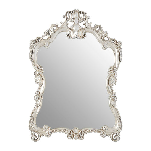 Ornate framed silver waisted mirror. A great period look in a contemporary colour with a traditional shape.