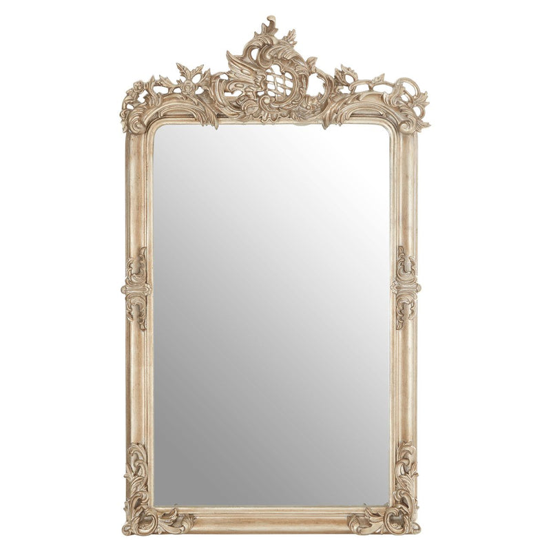 Stunningly intricate detailing on this crown of this champagne silver rectangular mirror.  Beautifully vintage style a really great reproduction of a classic Georgian country house mirror.