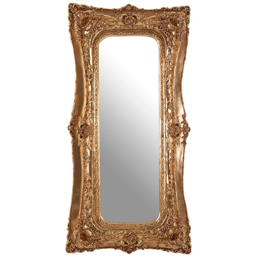 Tall, rectangular, ornate gilt mirror with heaviley decorated frame in a swept style.