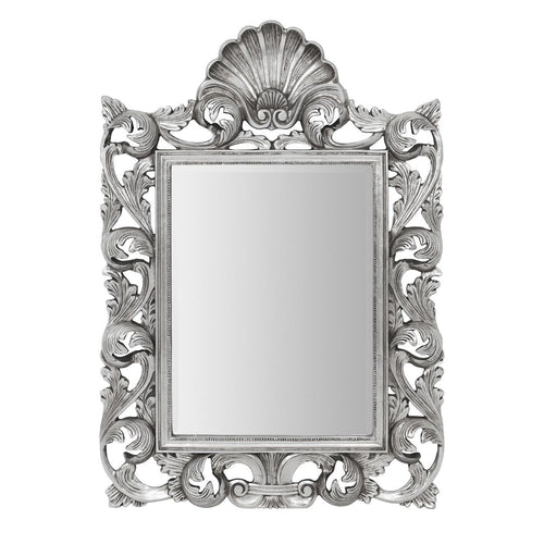 Very ornate silver mirror with shell motif and baroque carved frame.