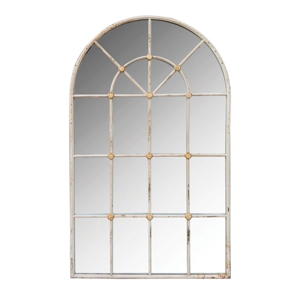 Antiqued finish white arched window mirror suitable for outdoor or indoor use. Rustic White Arched Window Mirror 135 cm