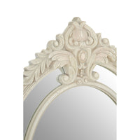 Classic, ornate white oval mirror with medallions at each corner.