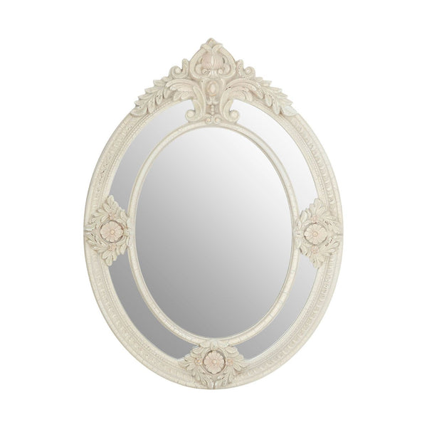 Classic, ornate white oval mirror with medallions at each corner.