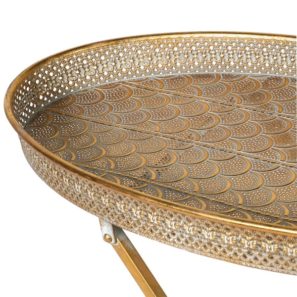 This is an elegantly ornate tray table that folds up neatly to save space when not in use.&nbsp; Finished in a gold gilt coloured pierced metal, this occasional table is perfect for evening drinks outside in your garden or terrace.

H: 68 cm W: 64 cm D: 33 cm&nbsp; 