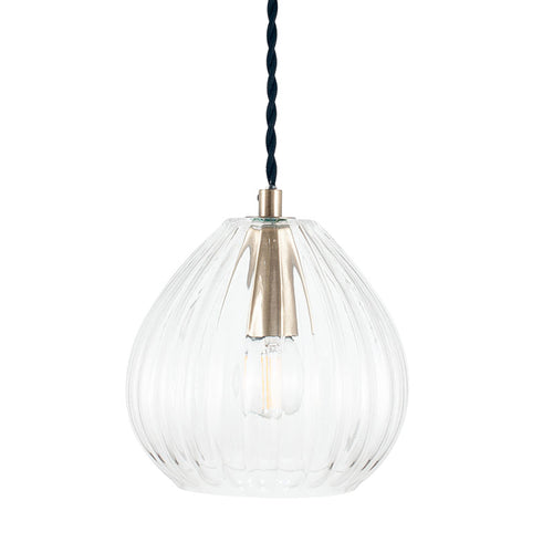 A beautifully simplistic and understated brushed bronze glass pendant with ribbed detailing.  Lovely as a pair of hanging bedside pendants or as a minimal cluster / trio placed over a kitchen island.   H: 16cm W: 16cm   One meter of twisted black flex included.    Bulb not included.