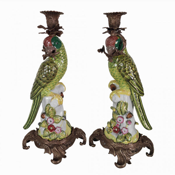 Pair of Bronze and Porcelain Parrots