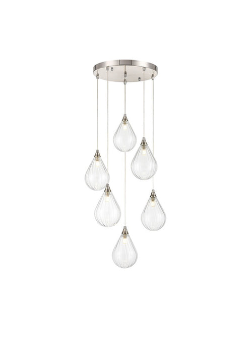 Nickel 6 light cluster with small glass pendants.