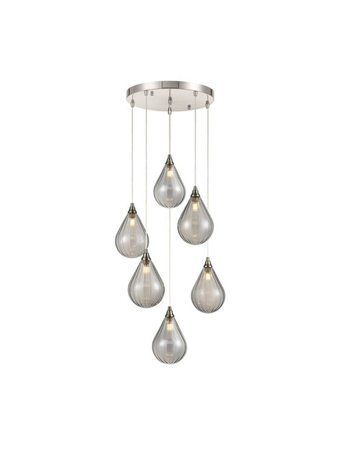 Cluster of bulb shaped pendants in varying colours on a nickel base with clear flex. Perfect for stairwells. 