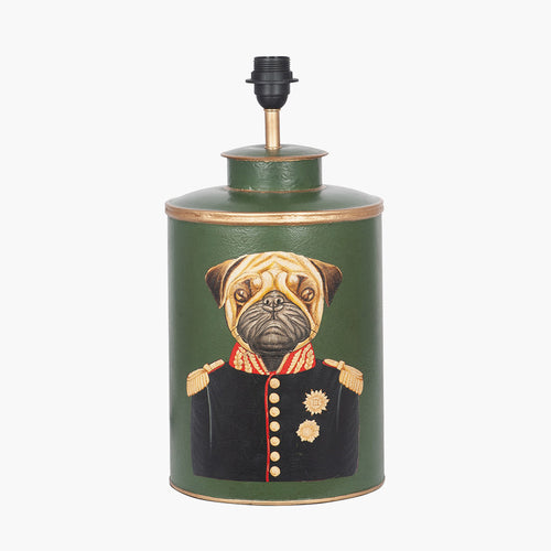  For the dog lovers out there and especially Pug lovers, this green metal lamp with a uniformed Pug is perfect. 