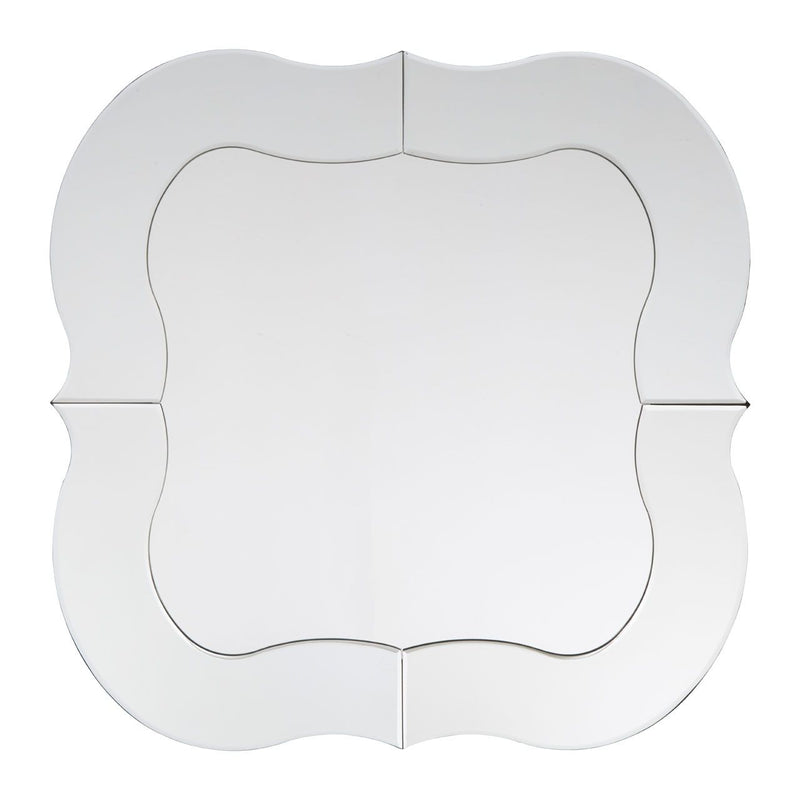 Shaped, mirrored glass square mirror, to really add a lot of light to any space. The mirrored frame jus adds to the reflective value of this pretty mirror.