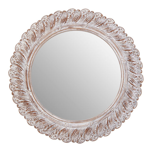 Round wooden framed mirror with acanthus decoration to the frame.Limewashed wooden, round mirror with an acanthus leaf decoration to the border.
