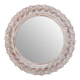 Round wooden framed mirror with acanthus decoration to the frame.Limewashed wooden, round mirror with an acanthus leaf decoration to the border.