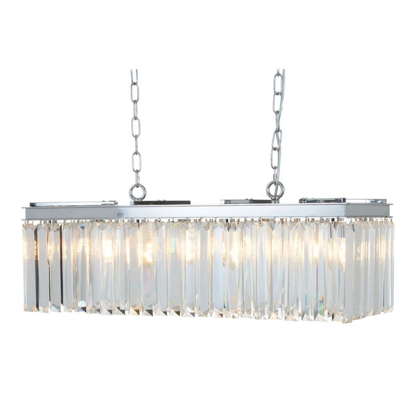 Rectangular, double tiered crystal prism chandelier on a polished nickel frame.