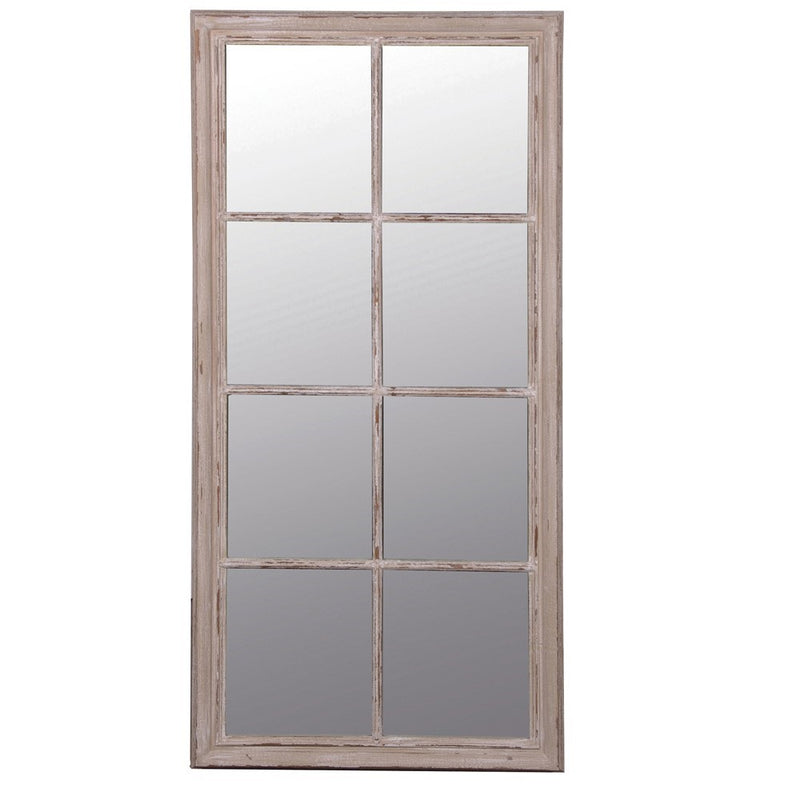  Tall lime-washed window mirror adds depth and perspective to any wall.