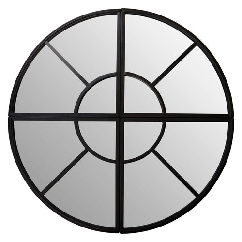 Round black multi- pane window mirror - perfect indoor or outdoor mirror.