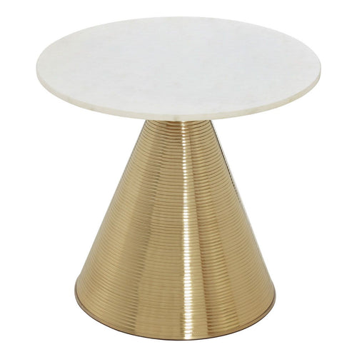 A stunning crisp white marble topped table with a contemporary gold ribbed metal central stand.  An understated statement table that can be placed beside the sofa, or as small coffee table.  Furnish and style with confidence where this table can be seen and admired. 