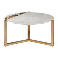 White marble coffee table, with an agate inlay across one side. The base is a triangular gilt metal frame.