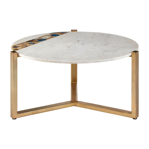 White marble coffee table, with an agate inlay across one side. The base is a triangular gilt metal frame.