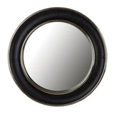 Round black leather mirror.