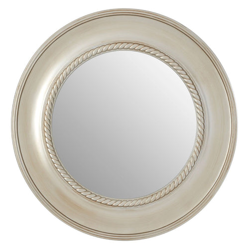 Round mirror in a wide champagne silver beaded frame, large mirror in an understated colour.