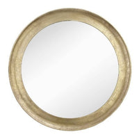 Round wide framed, distressed gold leaf mirror. Simple elegant but warm addition to any wall.