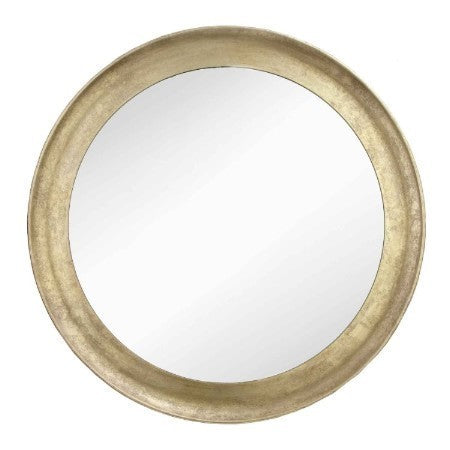 Round wide framed, distressed gold leaf mirror. Simple elegant but warm addition to any wall.