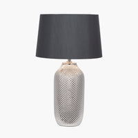 Tall etched silver ceramic lamp with black shade, the base is textured to give it a luxe look.  H: 50 cm W: 30 cm